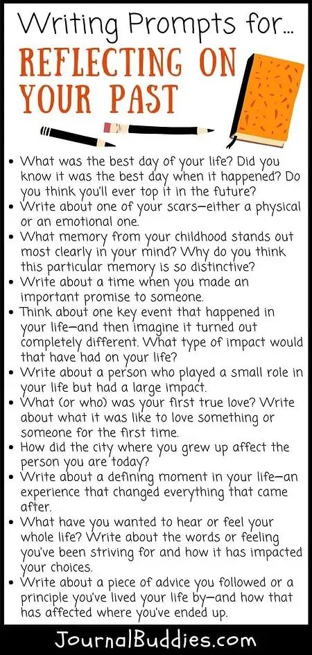 These reflecting on your past writing prompts for all ages are great for students and adult writers alike—and with so many to choose from, you’ll have journaling inspiration for months to come! #WritingPromptsFor... #WritingPrompts #JournalPrompts #JournalBuddies Grandmother Journal Prompts, Writing Memories Ideas, Journal Prompts For High School Students, Writing Topics For Adults, Journal Prompts For Parents, Creative Writing Journal Ideas, Burn After Writing Questions, Writing Prompts For Writers Inspiration, Personal Journal Ideas Creative