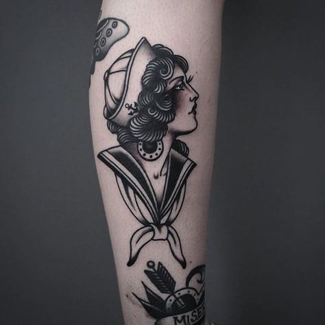 21inkedd | Sailor Girl Tattoo by Tony Nilsson #SailorGirl #traditional #classictattoos #TonyNilsson | Tattoodo Back Of Leg Tattoo Women, Sailor Girl Tattoo, Marine Tattoos, Navy Tattoos, Sailor Tattoos, Pin Up Girl Tattoo, Nurse Tattoo, Sailor Tattoo, Buddha Tattoos