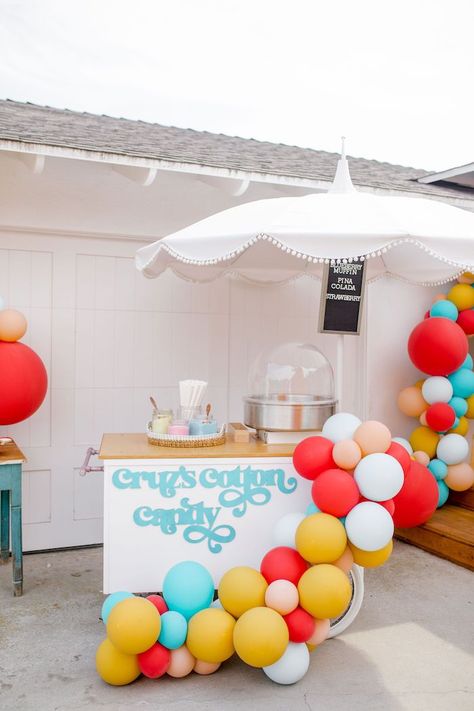 Kara's Party Ideas Carnival + Street Fair Drive-by Party | Kara's Party Ideas Big Front Yard, Carnival Sweets, Shag Cake, Cute Cotton Candy, Cotton Candy Cart, Candy Cart, Street Fair, Donut Party, Carnival Birthday