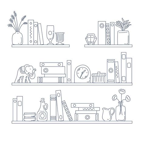 Books On Shelves Drawing, Stylized Bookshelves, Books On Shelf Drawing, Book Shelf Sketch, Bookshelf Outline, Bookshelf Doodle, Shelf Doodle, Shelf Sketch, Bookshelves Drawing