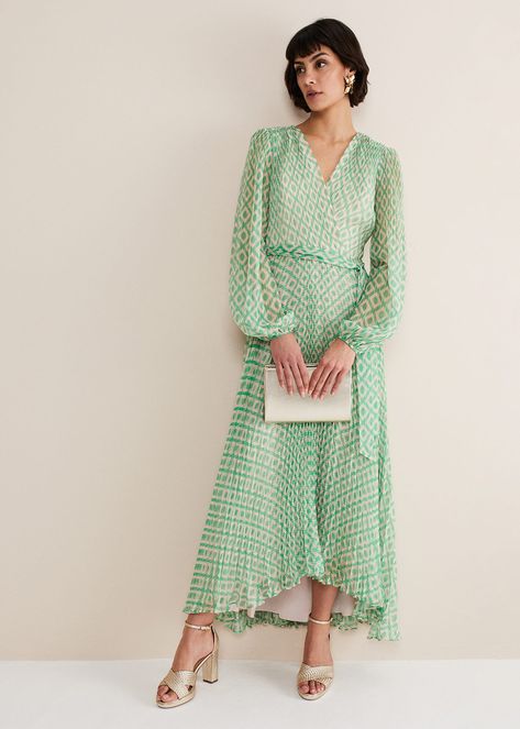 The Kind Of Floaty Maxi Dress You Just Can'T Wait To Wear. Designed With A Green Diamond Shape Print, Our Roxanna Maxi Dress Features Long Puffed Sleeves, An Adjustable Tie Belt And It Falls To A Pleated Skirt That Makes Wonderful Movement As You Walk. Wear With Heels To Birthday Celebrations, Dinners Dates, Or Just On The Days Where You Feel Like Wearing An Amazing Dress!This Style Is Responsibly Sourced. This Style Has Been Made From Recycled Polyester, Giving Materials That Would Have Ended U Floaty Maxi Dress, Fusion Wear, Zara Maxi Dress, Party Clothes, Green Powder, Office Dress, Advanced Style, Wonderful Dress, Different Dresses