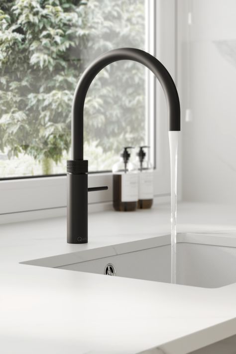 Looking for kitchen tap ideas or kitchen sink ideas? Check out our Quooker Fusion Round Satin Black 3 in 1 Boiling Water Tap for all of your kitchen tap inspiration. This black kitchen tap looks perfect with a white marble kitchen countertop and helps create a modern kitchen design. Tap For Kitchen Sink, Black Tap Kitchen Sinks, White Kitchen Black Sink And Tap, White Kitchen Black Tap, Black Quooker Tap, Black Kitchen Tap And Sink, Kitchen Black Tapware, Kitchen Sink And Tap Ideas, White Sink With Black Faucet