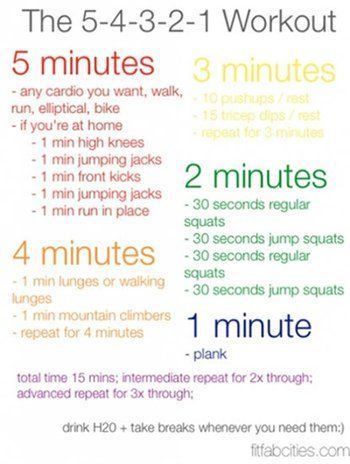 Jan 8, 2018 - Screenshot courtesy of Pinterest user Laura Wainman. When the temperatures climb, our resolve to exercise plummets—and any workout we manage must be quick and preferably indoors. So we were stoked to discover the 5-4-3-2-1 workout on Pinterest, a 15-minute routine... Toning Workout Plan, 5 Minutes Workout, Workout Circuit At Home, Pinterest Workout, 15 Minute Workout, Hiit Program, Wednesday Workout, Best Ab Workout, Everyday Workout