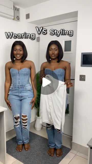 Barbie Dominion on Instagram: "You have a corset but looking for another way to wear it, here’s one way to style it💯💯. You can always style it with your shirt dress or just with shirt 😍😍So guys, Would you wear your corset with a shirt or without shirt?  #wearingvsstyling #grwm #corsetshirt #ootd #ukcontentcreator  #foreverbliss24 #mmbliss24 #foreverbliss" Button Up Shirt With Corset Outfit, Oversized Mens Dress Shirt Outfit For Women, Corset Button Up Shirt Outfit, Corset On Shirt Outfit, Blue Jean Corset Top Outfit, Corset Top With Shirt Underneath, Shirt With Corset Outfit, Corset On Shirt, Corset With Shirt Under