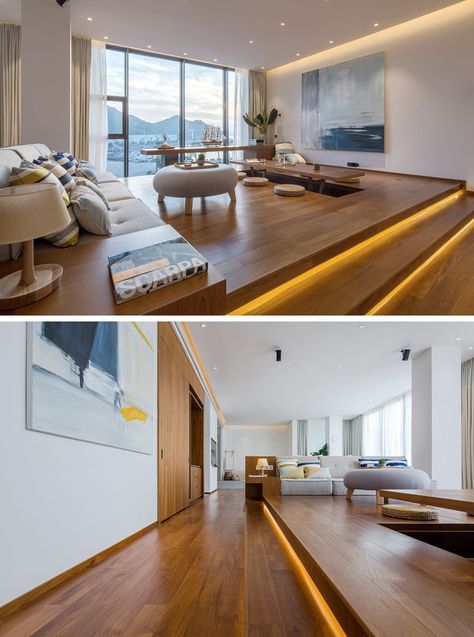 Raised Platform Living Room Floors, Modern Living Room Wood Floor, Raised Platform Living Room, Modern Apartment Layout, Bedroom With Living Room Area, Raised Living Room, Interior Open Space, Wood Floor Living Room, Layout Apartment