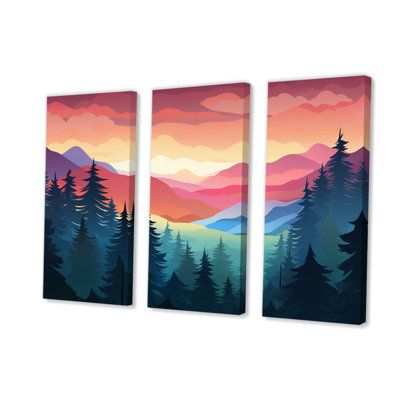 This beautiful "Mountain Daydreams Sunset Over Forest Trees II" Wrapped Canvas Art set is printed using the highest quality fade-resistant ink on canvas. This Wall art set is printed on premium quality cotton canvas, using the finest quality inks which will not fade over time. Each giclee print is stretched tightly over a 1-inch wood sub-frame ensuring the canvas is stretched and does not buckle. All of our Wrapped canvas prints are carefully packaged with plastic protection, fragile labelling, 3 Set Paintings Wall Art Bedroom, Orange Mountain Painting, 3 Set Painting, Simple Landscape Paintings For Beginners, Three Canvas Art, Desert Sunset Painting, Mountain Sunset Art, Mountain Sunset Painting, Multi Canvas Painting