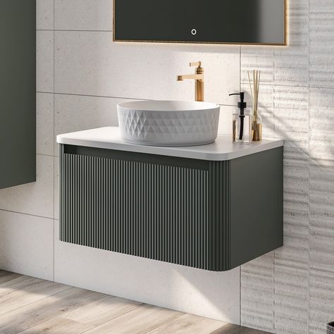 Wall Hung Ribbed Vanity Unit in Green | Fluted Furniture | Easy Bathrooms Ribbed Vanity, Fluted Sink, Small Bathroom Sink Cabinet, Fluted Furniture, Small Bathroom Sink, Bathroom Sink Cabinet, Easy Bathrooms, White Worktop, Bathroom Sink Cabinets