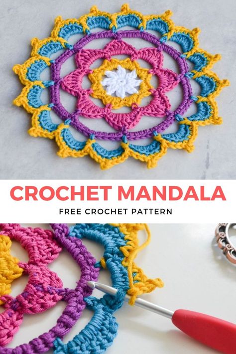 Stunning Crochet Mandala Free Pattern: Another Crochet Mandala Pattern Easy and simple to make, with beautiful edgings crochet! Enjoy it and use it as a crochet potholder, coaster, or any crochet for home craft. #crochet #mandala #crochetmandala #aboutcrochet #crochetfreepattern #crochetprojects #crochethome Small Crochet Mandala, Crochet Mandala Pattern Free, Mandala Crochet Free Pattern, Crochet Mandala Free Pattern, Spiral Crochet Pattern, Motif Mandala Crochet, Crochet Dreamcatcher Pattern, Crochet Potholder, Crochet Dreamcatcher