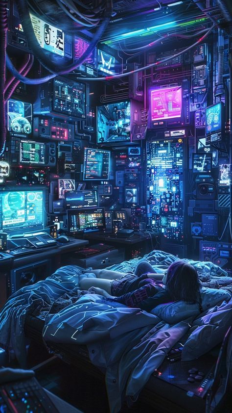 Future Dystopia Aesthetic, Cyberpunk Workshop, Cyberpunk Aesthetic Room, Tech Dystopia, Cyberpunk Room Ideas, Sci Fi Rooms, Neon Cyberpunk Aesthetic, Cyberpunk Apartment, Cyberpunk Room