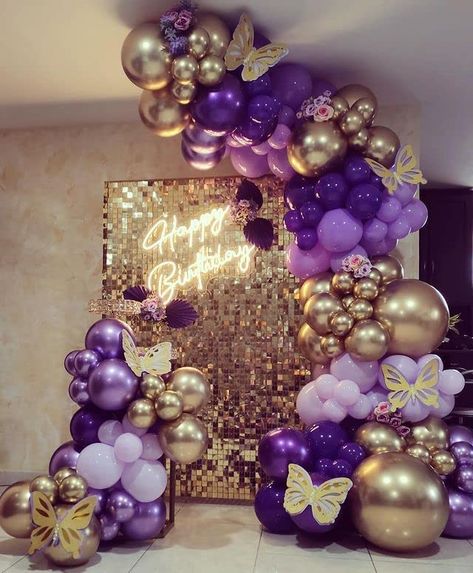 Lavender And Silver Birthday Decorations, Pink Purple Gold Balloon Garland, Purple Gold Decorations Party Ideas, Purple And Gold Backdrop Ideas, Shades Of Purple Balloon Garland, Purple Graduation Party Ideas Decoration, Purple Bday Theme, Purple And Gold Party Decorations Ideas, Purple Balloon Decoration