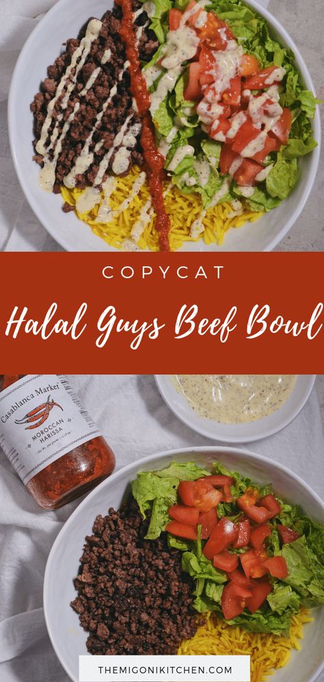 Copycat Halal Guys Beef Bowl | The Migoni Kitchen Halal Beef Recipes, Halal Guys Recipe, Halal Guys, Beef Gyro, Pasta With Mayonnaise, Ground Beef Rice, Beef Bowl, Beef Bowls, Power Bowls