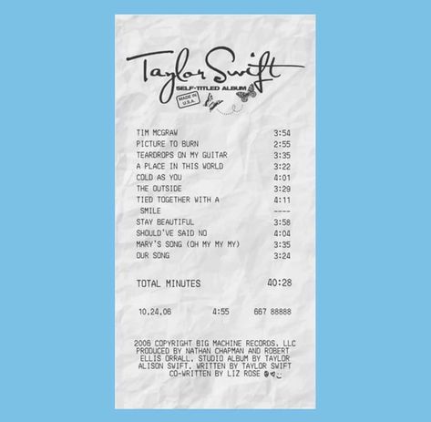 Debut Tracklist Taylor Swift, Taylor Swift Debut Receipt, Taylor Swift Debut Tracklist, Spotify Wallpapers, Album Receipts, Album Receipt, Taylor Swift Debut Album, Taylor Swift Debut, Mary's Song