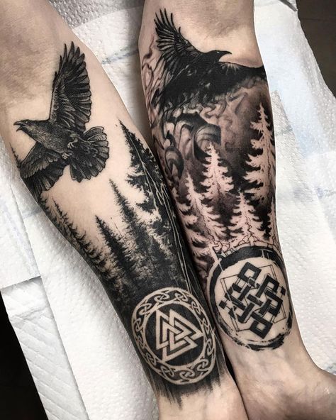 Huginn And Muninn - Ravens From Norse Mythology Runes Tattoo, Viking Tattoos For Men, Traditional Tattoo Man, Tato Dada, Norse Mythology Tattoo, Scandinavian Tattoo, Viking Tattoo Sleeve, Rune Tattoo, Warrior Tattoos