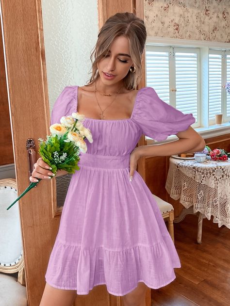 Lilac Purple Cute  Short Sleeve Polyester Plain A Line Embellished Non-Stretch Summer Women Dresses Vestido Shein, Purple Summer Dress, Shein Brasil, Flounce Hem Dress, Pink Summer Dress, Shein Dress, Flounced Dress, Lilac Dress, White Solid