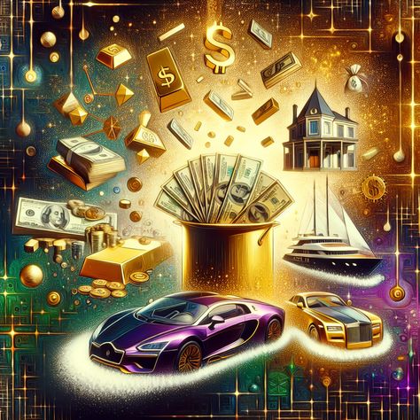 Discover the power of wealth manifestation in this semi-abstract AI-generated image. Witness symbols of luxury - gold bars, dollars, yachts, mansions, and cars - materialize from luminous light. Click the link to learn more. #WealthManifestation #Abundance #Luxury #Prosperity #ManifestationMagic #FinancialFreedom Abundance Images, I Love You Animation, Star Seed, Saving Techniques, Money Art, Lucky Boy, Wealth Manifestation, Money Saving Techniques, Gold Bars