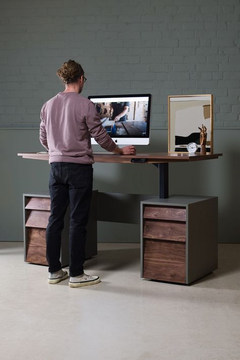 Croft Sit-Stand Desk by Jamie Hoyle and Katherine Mathew for Koda Diy Home Office Desks, Diy Adjustable Height Desk, Rising Desk Home Office, Standing Desk Leg Cover, Walnut Desk Setup, Built In Standing Desk, Modern Standing Desk, Standing Desk Home Office, Walnut Office