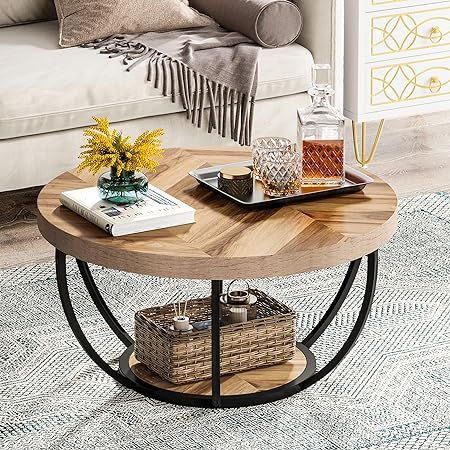 Modern Wooden Accent Center Table Sofa Side Table for Living Room, Home Office, Wooden Grain Circle Coffee Tables, Sofa Table With Storage, Modern Sofa Table, Round Wooden Coffee Table, Shelf Coffee Table, Modern Wood Coffee Table, Shelves Modern, Style Salon, Round Coffee Table Modern
