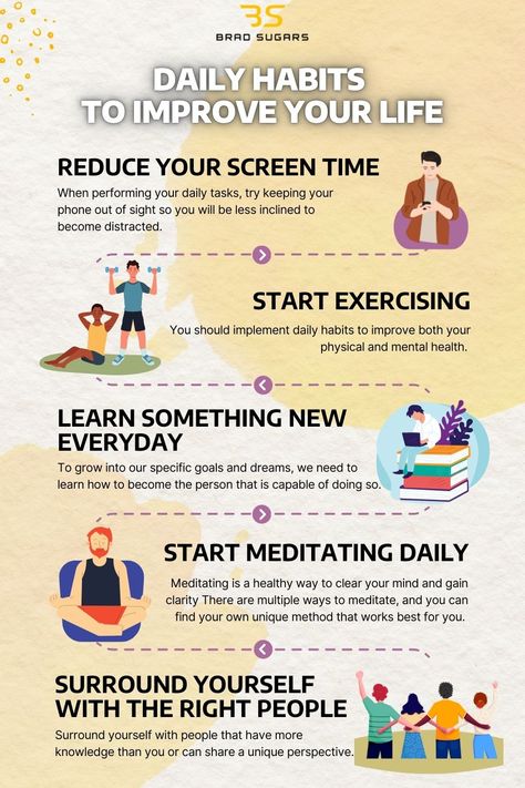 If you are struggling to stay focused when reaching your goals, it may be time to make some healthy changes to your daily routine. Many people try to make drastic changes to their lifestyles; however, it is very difficult to stay consistent with massive changes.  Here are 5 daily habits that you can adopt into your routine that will best improve your life and prepare you for a successful lifestyle. Time Management Activities, 10 Daily Habits, Habits To Improve Your Life, Successful Lifestyle, How To Be More Organized, Reaching Your Goals, Better Lifestyle, Formal Men, Learn Something New Everyday