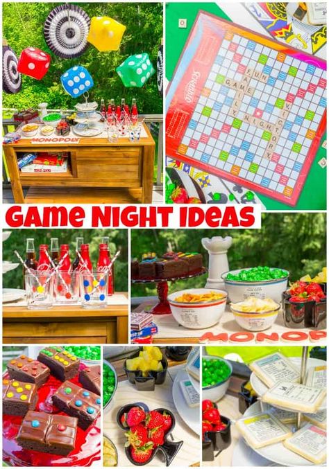 Game Night Party Ideas Board Game Birthday Party Theme, Game Night Cake Birthday, Board Game Theme Party Food, Game Night Party Decorations For Adults, Family Game Night Birthday Party Ideas, Decorations For Game Night, Board Games Birthday Party, Family Game Night Party Decorations, Scrabble Party Ideas