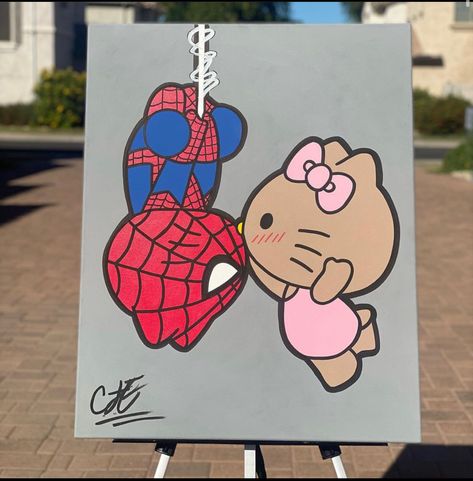 Spider Man And Hello Kitty Painting, Spiderman Hello Kitty Painting, Cool Hello Kitty Painting, Cute Art To Do With Boyfriend, Spiderman And Hello Kitty Painting, Hello Kitty And Batman Painting, Hello Kitty Easy Painting, Hello Kitty Couple Painting, Cute Doodles On Canvas