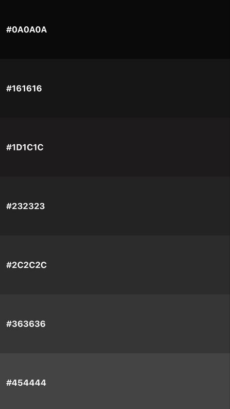 Black Color Palette Hex Codes, Black Aesthetic Color Palette, Black Tones Palette, Type Of Black Color, Dark Color Swatches, Shades Of Black Color Palette, Black Colour Pallete, Dark Pallete Color Palettes, Dark Color Palette Colour Schemes