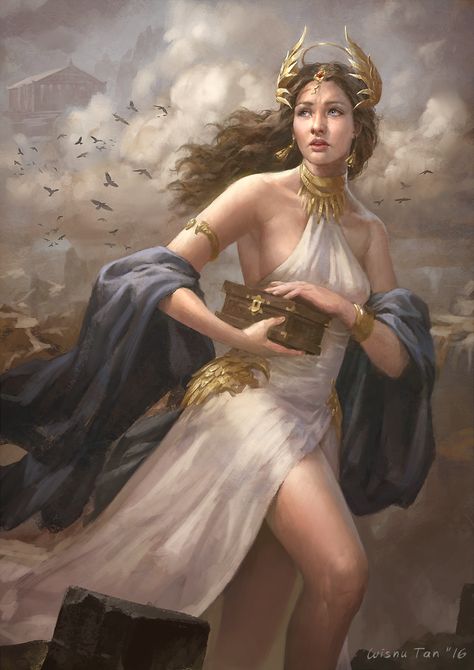 Saving Pandora's Box, Wisnu Tan on ArtStation at https://www.artstation.com/artwork/mvyK1 Pandora Greek, Mythology Costumes, برج الميزان, Greek Goddess Art, Greek Mythology Gods, Goddess Costume, Fantasy Magic, Greek Gods And Goddesses, Greek Mythology Art