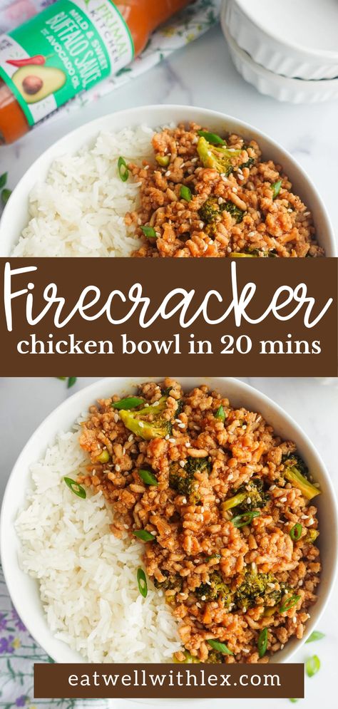 firecracker ground chicken stir fry with rice for easy easy dinner. Firecracker Chicken Ground, Firecracker Chicken Meal Prep, Firecracker Chicken Bowl, Ground Chicken Asian Bowl, Firecracker Ground Chicken Bowls, Chicken Bowl Recipes For Dinner, Health Dinners For Two, Ground Chicken Stove Top Recipes, We Ground Chicken Recipes