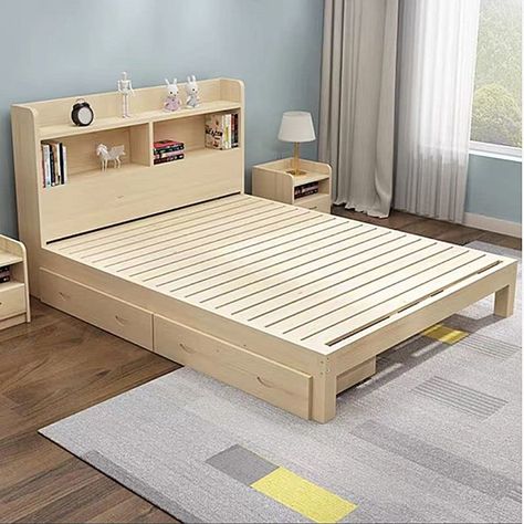 Bed Stand Ideas, Single Bed Frame Ideas, Single Bed With Drawers, Luxury Wooden Bed, Bed With Drawers Underneath, Bed Frame Upholstered, Solid Wood Bookcase, Single Beds With Storage, Drawer Bed