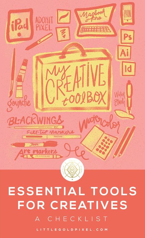 Essential Tools for Creatives • Little Gold Pixel In which I empty my creative toolbox and share my essential tools for creatives and graphic designers — including tech, apps and analogue creative tools. #design #graphicdesign #creativetools #creative #creativity #designtools #essentialtoolsforcreatives #creatives Graphic Design Essentials, Gifts For Graphic Designers, Watercolor Tools, Illustration Career, Tech Apps, Diy Calligraphy, Tools Design, Felt Tip Markers, Digital Communication