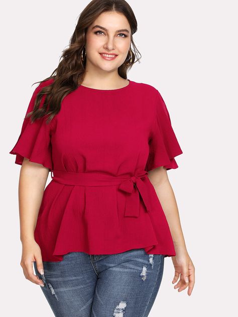 Split Sleeve Belted Detail Top -SheIn(Sheinside) Professional Outfits Casual, Young Professional Outfits Casual, Belt Knot, Black Blouse Short Sleeve, Young Professional Outfits, Plus Size Belts, Knotted Blouse, Modelos Plus Size, Split Sleeve