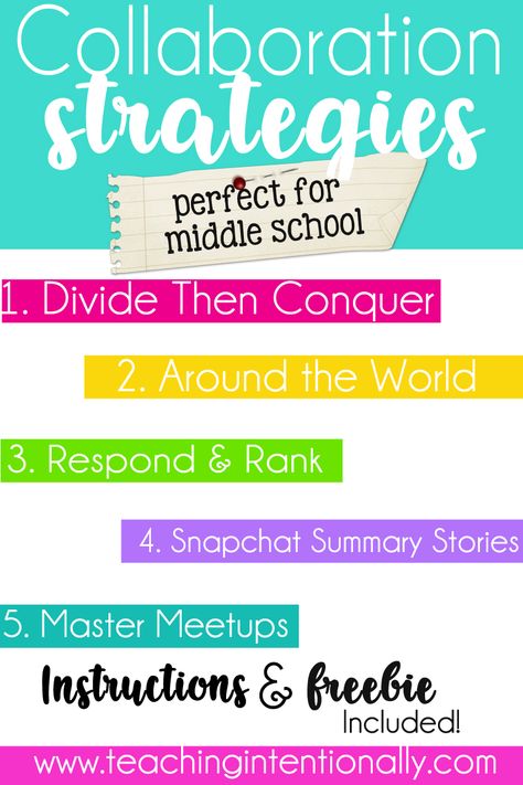 If you are looking for some collaboration ideas and strategies that are fun and easy to implement, then these five strategies are for you! Click to read how to use them in your middle school class and for a free download! Math Collaboration Activities, Collaborative Teaching Strategies, Collaborative Activities For Students, Kagan Strategies Middle School, Engagement Strategies Middle School, Learning Strategies Middle School, Middle School Teaching Strategies, Collaborative Learning Strategies, Reading Strategies Middle School