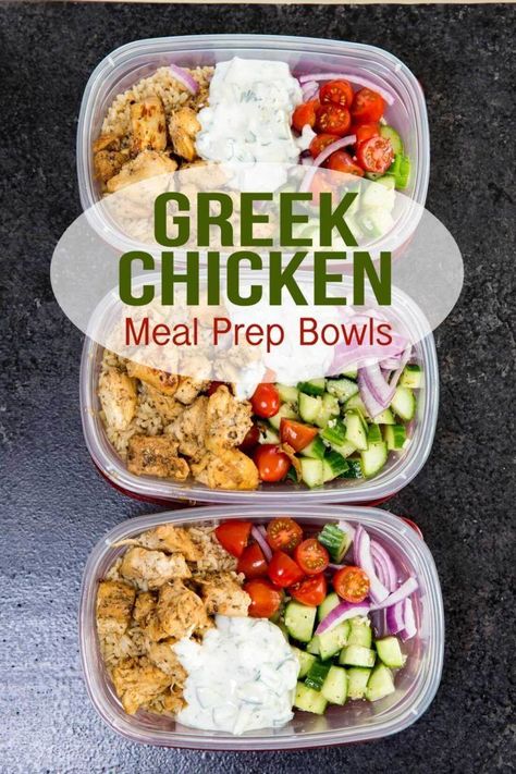 Greek Chicken: Insanely delicious Greek Chicken bowl recipes. Greek Marinated Chicken, cucumber salad, tzatziki, red onion, and tomato, served over brown rice. These are quick and easy to make, and will help you be set for the week. Chicken Bowl Recipes, Chicken Cucumber Salad, Greek Chicken Bowl, Chicken Bowl Meal Prep, Greek Chicken Bowls, Chicken Cucumber, Dinner Noodles, Greek Marinated Chicken, Recipes Greek