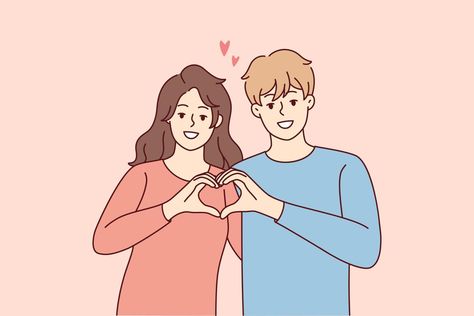 Smiling couple hug show heart hand gesture. Happy man and woman demonstrate love sign share affection and care. Relationships concept. Vector illustration. Pereira, Smiling Couple, Couple Hug, Happy Man, Hand Gesture, Hand Pose, Hugging Couple, Heart Hand, Couple Illustration