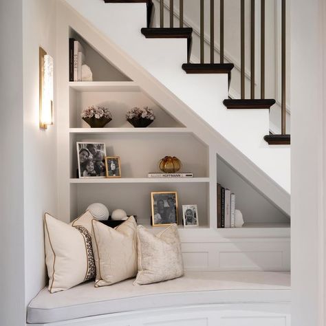 Under Stairs Storage Living Room, Shelving Under Staircase, Under Stairs Bookshelves, Under Stair Book Nook, Book Shelves Under Stairs, Books Under Stairs, Under The Stairs Bookshelf, Under Stairs Reading Area, Understairs Reading Nook Ideas