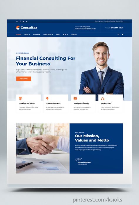 Financial & Consulting WordPress Theme. Consultax is best suited for corporate website like Financial Advisor, Accountant, Consulting Firms, insurance, loan, tax help, Investment firm etc. This is a business theme that is help full for online presence for Corporate Business and Financial Firms. Consultax is Fully Responsive! Strong focus on the smartphone and tablet experience #wordpress #wordpresstheme #wp Tax Consultant Website, Accounting Firm Website Design, Tax Website Design, Wordpress Website Design Business, Accountant Website Design, Consulting Website Design Inspiration, Consultant Website Design, Investment Website Design, Financial Website Design