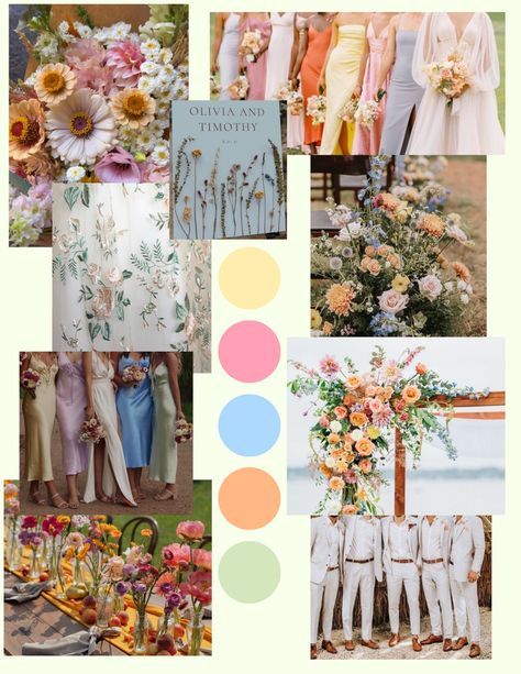 Weddings In April Color Schemes, Whimsical Floral Arrangements Wedding, Garden Party Wedding Reception Food, Relaxed Summer Wedding, Wildflower Pastel Wedding, Modern And Colorful Wedding, Wildflower Wedding Color Pallet, Pale Yellow Wedding Palette, Multi Color Groomsmen Attire