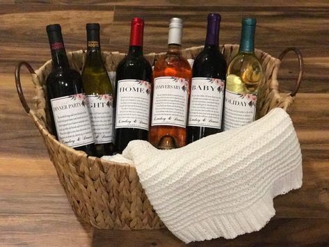 DIY Wedding Wine Basket gift idea! A year of firsts for the bride and groom to enjoy during their first year of marriage. #winegifts