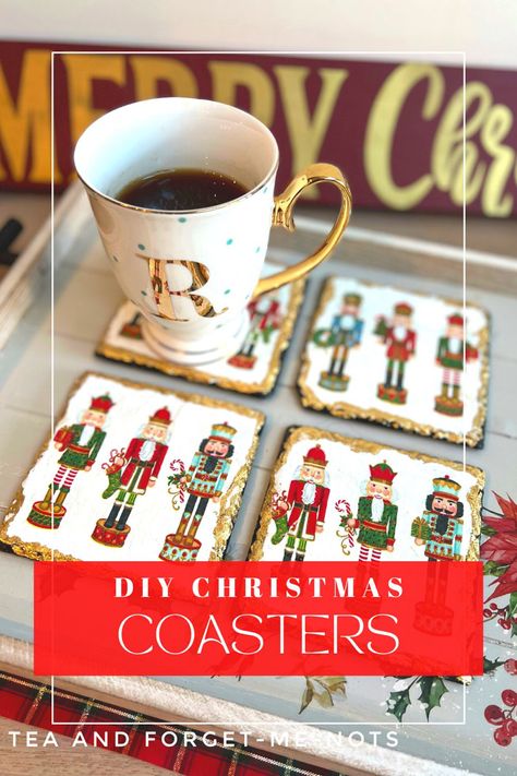 Tile Projects Diy Leftover, Diy Decoupage Christmas Ornaments, Decoupage Candle Holder, Decoupage Christmas Ornaments, Christmas Ornaments Easy, Decoupage Coasters, Diy Coasters Tile, Coaster Diy, Coaster Tutorial