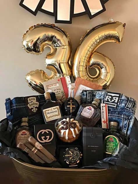 Gift Basket Ideas For Husband Birthday, Men’s Birthday Basket Ideas, Guy Birthday Basket, Birthday Set Up Ideas For Husband, Non Expensive Gifts For Boyfriend, Big Gift Basket Ideas For Boyfriend, Basket Birthday Gifts For Him, Men Birthday Gifts Baskets, Guy Bday Gifts