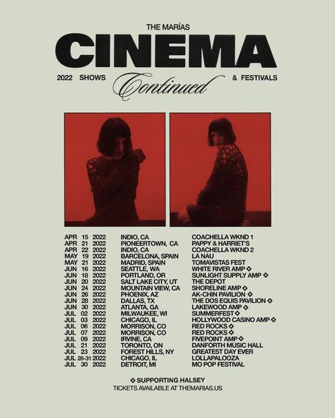 The Marías on Instagram: “cinema tour continued! ⁣ ⁣ of the shows that we postponed on our winter tour, there are rescheduled dates for salt lake city (june 20)…” Rosario, Olivia Rodrigo Tour Poster, Tour Dates Poster Design, Graphic Design Band Poster, The Maria’s Poster, Tour Poster Ideas, Tour Posters Design, Graphic Design Music Posters, Tour Poster Aesthetic