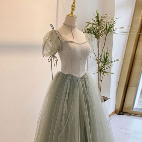 Sage Green Princess Dresses, Forest Green Puffy Dress, Green Prom Dress Puffy Sleeves, Puffy Sleeve Corset Dress, Short Vintage Prom Dresses, Sage Green And Black Dress, Corset Dress Puffy Sleeves, Sage Green Tea Party Dress, Fancy Poofy Dresses