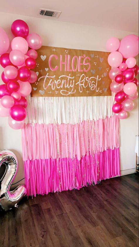 Streamer backdrop 
21st birthday themes 
21 
21st birthday 
Pink birthday ideas 
Pink birthday outfits 
Birthday 
Girlie birthday theme Pretty In Pink 21st Birthday, 21st Birthday Wall Decorations, 21st Birthday Party Bar Ideas, 21st Birthday Ideas Pink And Gold, 21 Diy Decorations, 21st Birthday Essentials, 18th Birthday Party Ideas November, 21st Birthday Sign Ideas Posters, 21st Birthday Decorations Simple