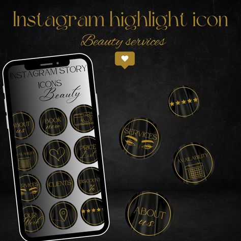 Elevate your Instagram profile with our sleek and professional black and gold Instagram story highlight covers, tailored specifically for beauty workers. There covers exclude sophistication and style, perfect for showcasing your expertise and atteacting clients. Each cover is designed to enhance your brand image and make your profile stand out. From client reviews to services provided and even a cover for your price list. Our covers are the perfect addition to your Instagram highlights, ensuring Instagram Highlights Icons Black, Highlight Cover Beauty, Story Highlight Cover, Instagram Story Highlight, Highlight Cover, Hair Dresser, Instagram Highlights, Social Media Templates, Brand Image