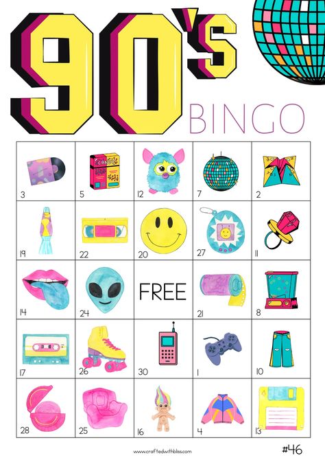 50 90's Bingo Cards Classroom Game, Bingo Game, 90's Party Game, Work Office Game Games for adults Game night 90's Birthday Games Activities 90s Birthday Party Theme Aesthetic, 90s Theme Party Free Printables, 90s Birthday Party Theme Food, Nostalgia Theme Party, 90 S Party, 90s Birthday Party Games, Late 90s Party Ideas, 90s Nostalgia Party, 90s Party Theme Ideas