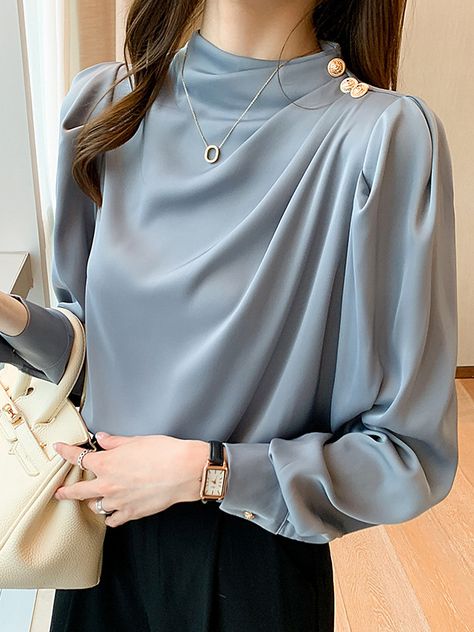 Sku CY-!154284 Material Polyester , Chiffon Style Loose , Puff Sleeves Feature Pleated , Split-joint Neckline High Neck Occasion Casual , Office , Urban Seasons Spring , Summer , Autumn Type Blousesshirts Tops Color BLUE,WHITE,GREEN,APRICOT,Nude Pink Size S,M,L,XL,2XL Please consult the size chart we provide for this item's measurements to help you decide which size to buy.Please note: There may be 1-3cm differ due to manual measurement. CMINCH Bust Shoulder Sleeve Length S 100 33 62 59 M 104 34 Stand Collar Blouse, Chiffon Style, Full Sleeve Top, Chiffon Blouse Long Sleeve, Straight Clothes, Pleated Blouse, Satin Blouses, Blouse Material, Casual Office