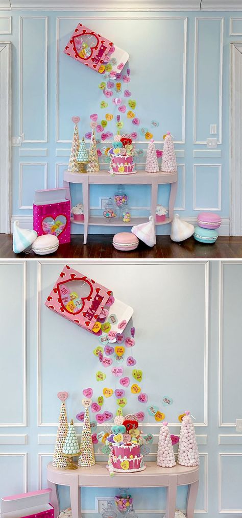 Heart Display Ideas, Candy Heart Decor Diy, Valentines Day Display Ideas, Valentine’s Day Display Ideas, Dance Window Display, Diy Valentines Window Decorations, Valentines Store Decor, Valentine's Day Window Display, Whimsical Valentines Decor