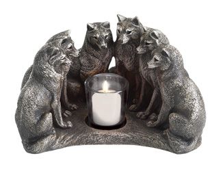 Council of Wolves Candleholder In Celtic tradition, the wolf is associated with intuition and learning. Six wolves sit in a semi-circle to contemplate the flames and share the lessons of the pack. 9" across, 5" high. Cast stone, for indoor use only. Candle and holder included. Made in USA. Gift wrap and rush delivery not available. Wolf Room, Celtic Stained Glass, Wolf Decor, Celtic Traditions, Tiffany Style Lamp, Celtic Knotwork, Cast Stone, Witchy Woman, Gothic Home Decor