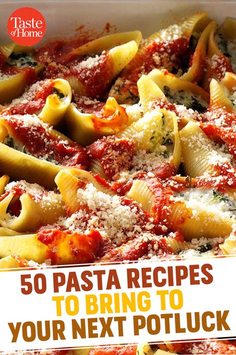 50 Pasta Recipes to Bring to Your Next Potluck Potluck Ideas Food, Essen, Pastas For A Crowd, Potluck Pasta Recipes, Pasta Recipes For Large Groups, Pasta Dishes For A Crowd Parties, Pasta Dishes For Party, Easy Potluck Recipes For Work Cheap, Easy Pasta Dish For Large Group