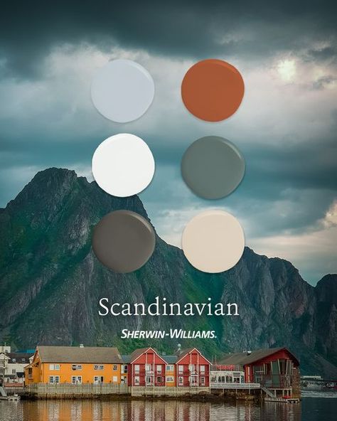 Colorful Swedish Interior, Hygge Paint Colors Sherwin Williams, Scandinavian Color Pallete, Scandinavian Colors Palette, Scandinavia Colour Palette, Dark Scandinavian Color Palette, Norwegian Color Palette, Norway Color Palette, Scandinavian Wall Color