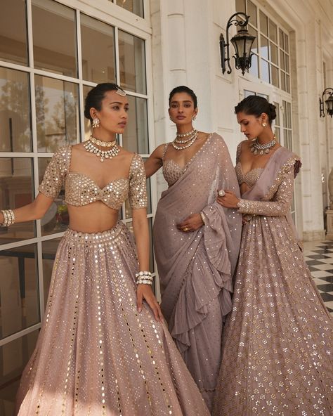#VvaniVats "Jugmug" collection with glimmering mirror work and sequins; available at #AashniOnline for the brides and bridesmaids to-be who want to shine the brightest on those special days. Shop worldwide: 🌏aashniandco.com For any assistance or for booking an appointment please write to us on: 💌 customercare@aashniandco.com 📞WhatsApp +91 83750 36648 #AashniAndCo Multi designer store, Indian designers, Bridal wear, Bridal lehenga Desi Bridesmaids Outfits, Pink Organza Lehenga, Indian Bridesmaid Outfits, Indian Bridesmaids Outfits, Artsy Prints, Full Sleeves Blouse, Bridesmaid Indian, Wedding Outfits Indian, Pengantin India